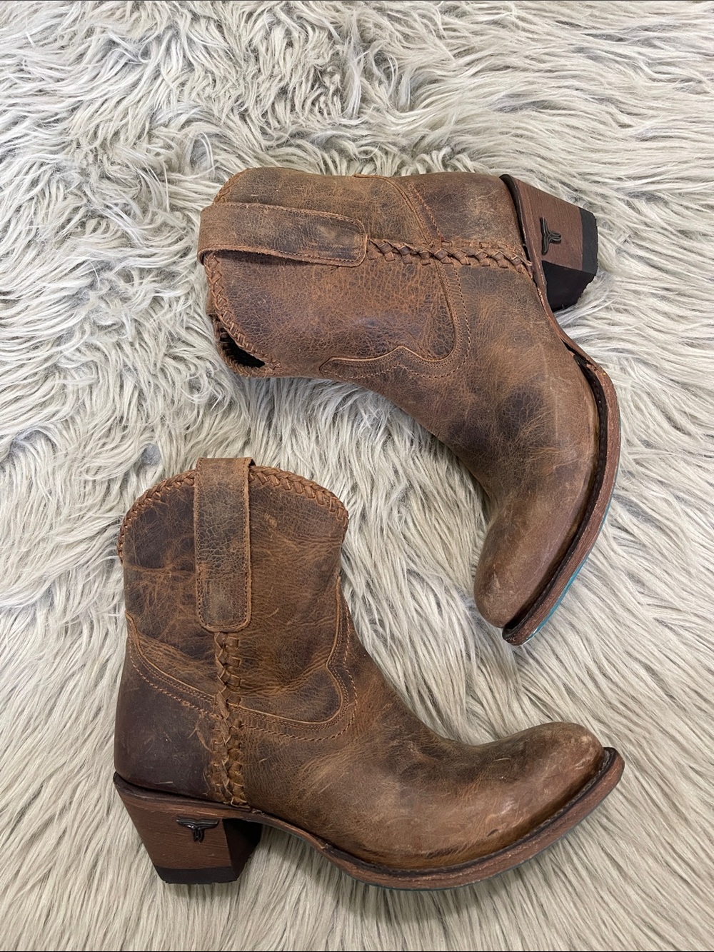 LANE Distressed Brown Leather Western Ankle Boots - Women's Heeled Pull-On